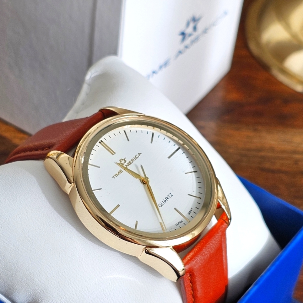 Time America Watch with Leather Strap - White Gold & Tan - One Size